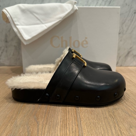 Chloé Marcie Shearling Black Leather Clogs with Gold Accent - Picture 5 of 13